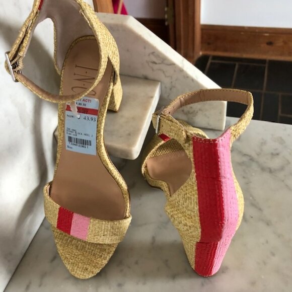 INC Kivah Block Heel Ankle Strap Pink Red Stripe Sandals 6M RARE - Picture 3 of 17